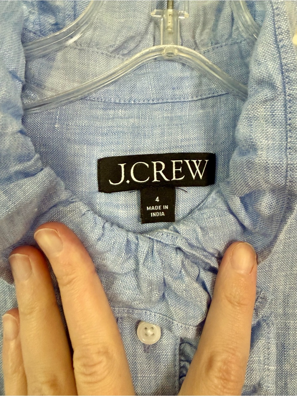 J. Crew Linen Blue Ruffle-Neck Button Shirt - Picture 2 of 4